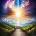 way to heaven with blessing light shine from horizontal dreamy elegant background