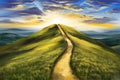 way to heaven, sunrise, summer landscape, road to in the mountains, digital art illustration painted with watercolors Royalty Free Stock Photo