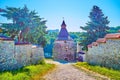 The way to Honcharna Tower Pottery Tower, the preserved tower on the edge on medieval Kamianets-Podilskyi town, Ukraine Royalty Free Stock Photo