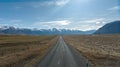 The way to Lake Ohau and the southern alps through alpine grasses and tundra terrain