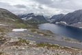 On the way to observation place in Dalsnibba mountain. Geiranger fjord Norway, selective focus Royalty Free Stock Photo