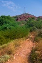 Way to reach Welded tuff, massive volcanic pink rocks of Rao Jodha Desert Rock Park, Jodhpur, Rajasthan, India. Near the historic