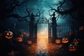 The way to Scary Halloween cemetry gates with glowing Jack-o-Lantern pumpkins in night.