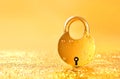 Way to Wealth concept with golden padlock on a golden background.