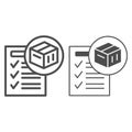 Waybill, box, sheet of paper, checkmark, form line and solid icon, documents concept, invoice vector sign on white