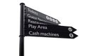 Wayfinder multidirectional sign post. Toilets, Guest Services, Restaurant, Play Area, Cash Machines. Royalty Free Stock Photo