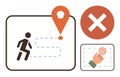 Wayfinding with Detour, Prohibited Action Mark, and Map Navigation Pointer Icons Royalty Free Stock Photo