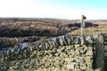 Waymarker and dry stone wall on moorland