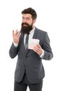 Ways to promote loyalty rewards program. Office party. Pleasant surprise. Gift for client. Man bearded hipster formal