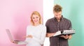 Ways to sell your old stuff for most money. Woman with modern laptop and man with old retro typewriter. Why do you keep Royalty Free Stock Photo