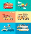 Ways of traveling. Trip to world by different vehicles. Travel by car, by plane, by boat, on the SUV.