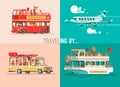 Ways of traveling. Trip to world by different vehicles. Travel by car, by plane, by boat, on the SUV.