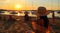 wbeautiful woman in straw hat on handbag at sunset sea beach ,boat on sea water,summer travel vacation