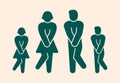 Wc restroom bathroom icon template. Male female family toilet indicating sign symbol. Funny green people isolated on light Royalty Free Stock Photo