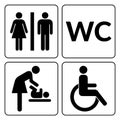 WC signs set. Man, woman, mother with baby and handicapped silhouettes isolated on white background. Male and female