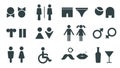 Wc symbols for man and woman, disabled person toilet icon. Male and female pictogram bathroom sign design with lips and