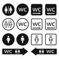 WC Toilet icons set. Men and women WC signs for restroom. WC direction arrow symbol vector illustration