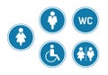 WC toilet sign icons for toilet door. Blue circle Set Washroom