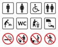 Wc toilet sign set, restroom icons and prohibited symbols