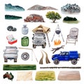 4WD car, camping tent, gazebo, campfire, chair, cooler. Collection of hand drawn design elements with matching backgrounds for