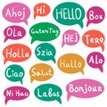 Words Hello, Hi with speech bubbles on different languages. Royalty Free Stock Photo