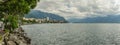 Wde angle Panorama. View on swiss promenade, alpine riviera and Lake Geneva landscape in Montreux city in SWITZERLAND Royalty Free Stock Photo