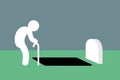 Weak aged old man is standing near grave hole in graveyard and cemetery