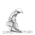 Weak hunched old woman in vietnamese hat walking with bag in hand, Vector sketch, Hand drawn