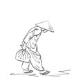 Weak hunched old woman in vietnamese hat walking with bag in hand, Vector sketch, Hand drawn