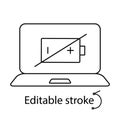 Weak laptop battery outline icon. Computer hold charge problem. Laptop repairs. Customizable linear contour symbol