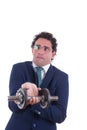 Weak man with expression in suit lifting a weight