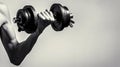 Weak man lift a weight, dumbbells, biceps, muscle, fitness. Man holding dumbbell in hand. Black and white