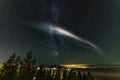 Weak Northern Lights on horizon and atmospheric phenomenon `STEVE` crossing Milky Way. Steve appears as a purple and green light