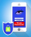 Weak Password Mobile Phone Shows Online Vulnerability And Internet Threat - 3d Illustration Royalty Free Stock Photo