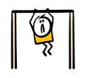 Weak stickman man is hanging on a horizontal bar in the gym and trying to pull himself up. Vector illustration of a Royalty Free Stock Photo