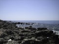 Weak waves gently wash the stones lying on the shallow bottom of the sea rocky shore in good weather