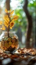 Wealth cultivation Glass piggy bank on a tree, gold coins Royalty Free Stock Photo