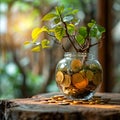 Wealth cultivation Glass piggy bank on a tree, gold coins Royalty Free Stock Photo