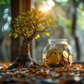 Wealth cultivation Glass piggy bank on a tree, gold coins Royalty Free Stock Photo