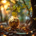 Wealth cultivation Glass piggy bank on a tree, gold coins Royalty Free Stock Photo