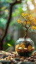 Wealth cultivation Glass piggy bank on a tree, gold coins Royalty Free Stock Photo