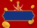 Wealth Goddess Lakshmi Character With Flying Golden Coins And Copy Space On Blue And Red Background For Hinduism Festival