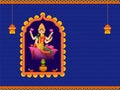 Wealth Goddess Lakshmi Character With Traditional Pot Kalash, Lit Oil Lamps Diya And Lanterns Hang On Blue Wave Stripe