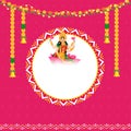 Wealth Goddess Lakshmi With Empty Circular Frame, Lighting And Floral Garland Toran On Pink