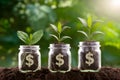 Wealth grows alongside nature, money sprouting from jars fertile soil