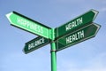 Wealth, health, happiness, balance - green signpost with for arrows Royalty Free Stock Photo