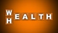 Wealth Health Text Title - Square Wooden Concept - Orange Background - 3D Illustration