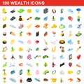 100 wealth icons set, isometric 3d style