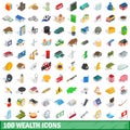 100 wealth icons set, isometric 3d style