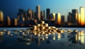 Wealth in the Skyline: Golden Coins Amidst City Towers, concept of wealth accumulation, real estate goals